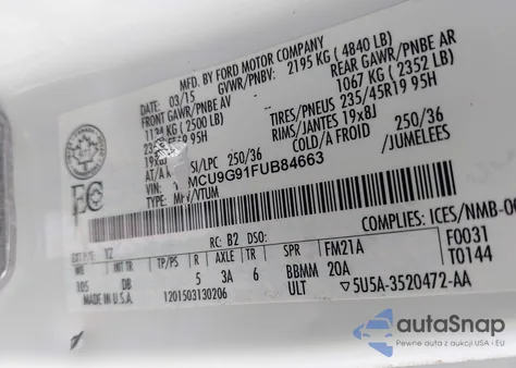 2015 Ford Escape Se from USA, damaged, VIN 1FMCU9G91FUB84663